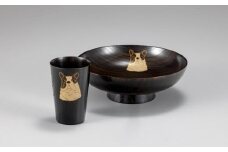 山中漆器　欅4.3飯椀黒摺　蒔絵加飾・欅1.6ぐい呑み黒摺　蒔絵加飾　セット
