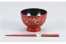 輪島塗　椀・箸セット（沈金、朱）