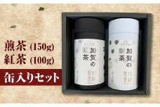 煎茶 150g ＋ 紅茶 100g 缶入りセット お茶 飲み比べ セット 詰合せ 缶入り 茶葉 緑茶 日本茶 和紅茶 加賀の紅茶 飲料 贈り物 ギフト 国産 日本製 復興 震災 コロナ 能登半島地震復興支援 北陸新幹線 F6P-0242 クラウドファンディング 実施中 GCF