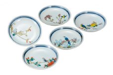 [№5784-0879]九谷焼　4.5号皿揃　花鳥絵変り（5枚セット）a01