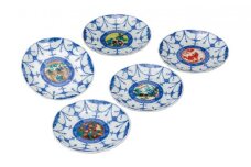 [№5784-0889]九谷焼　5.2号皿揃　時代絵 （5枚セット）a01