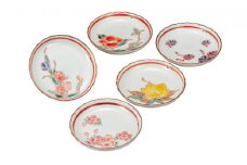 [№5784-0909]九谷焼　4.5号皿揃　草花絵変り （5枚セット）a01