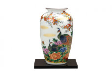 [№5784-1135]九谷焼　10号花瓶　牡丹孔雀（台付） a05