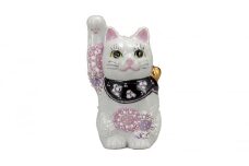 [№5784-1169]九谷焼　3.2号招き猫　花むらさき a05