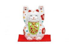 [№5784-1168]九谷焼　3号両手招き猫　花文（敷物付） a05
