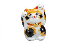 [№5784-1171]九谷焼　4号両手上げ招き猫　毛長三毛　a05
