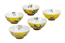 [№5784-0980]九谷焼　 5客飯碗　吉田屋花鳥絵変り　a02