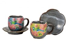 [№5784-1049]九谷焼　 ペアコーヒー　金桜花鳥　a04