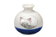 [№5784-1092]九谷焼　1.8号小つぼ花生　眠り猫　しろ