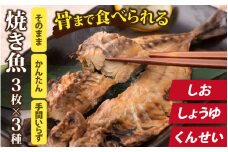 丸ごと骨まで食べられる焼き魚 3枚セット×3種（塩干し、醤油干し、燻製） [A-088024]