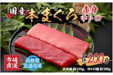 【市場直送】高鮮度急速冷凍 国産本まぐろ 赤身＆中トロ 2種セット 各約100ｇ（柵） 合計約200g【マグロ 鮪 本マグロ 赤身 中トロ セット 食べ比べ さく 刺身 プロトン凍結 国産 冷凍】[A-065006]