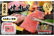 若狭牛 (A5ランク) 焼肉 合計600g（300g×2パック）【牛肉 BBQ バーベキュー アウトドア A5ランク 焼肉 お取り寄せ 黒毛和種 もも肉 肩肉 冷凍 2パック 小分け】[B-022010]