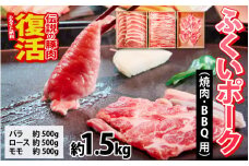 ふくいポーク３種　焼肉・BBQ用（1種 約250g×2パック)　合計約1.5㎏ [B-066039] キャンプ アウトドア 豚肉 ふくいポーク ブランド豚 冷凍 送料無料 バラ ロース モモ 焼肉 バーベキュー BBQ