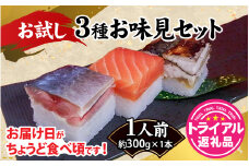 【トライアル返礼品】3種お味見セット  [A-013041] / 鯖 鯖寿司 サーモン 味噌 焼鯖 お試し 初めて 大トロ 福井 セット 詰め合わせ 寿司 生鯖寿司 サーモン寿司 焼鯖寿司 すし お寿司 サバ さば