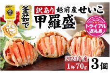 【訳あり】釜茹で　蟹好き集まれ！越前産せいこがに 2024年産 【甲羅盛70g前後 ３個セット】 [A-096026] 【トライアル返礼品】/ ズワイガニ セイコガニ 越前がに 甲羅盛り かに 冷凍 蟹 楚蟹 セイコ蟹 越前かに 香箱がに こうばこがに 親ガニ こっぺがに せこがに 甲羅蟹 甲羅がに 香箱蟹 正月