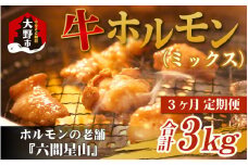 【3ヶ月定期便】ホルモンの老舗 六間星山の牛ホルモン（ミックス）1kg（500g×2袋）×3回　合計3kg