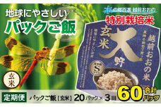 【3ヶ月定期便】地球にやさしいパックご飯 20食入り【玄米】× 3回　計60食　減農薬・減化学肥料 「特別栽培米」