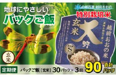 【3ヶ月定期便】地球にやさしいパックご飯 30食入り【玄米】× 3回　計90食　減農薬・減化学肥料 「特別栽培米」