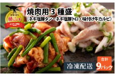 焼肉用3種盛（ネギ塩豚トロ 400g・ネギ塩豚タン 400g・味付け牛カルビ 350g）×3セット [B-037002]