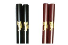 伝統工芸職人の技『越前漆器☆塗り箸（蒔絵入り）』 猫　朱　 [B-07603f]