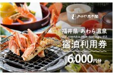 あわら温泉 宿泊利用券 6,000円分 ／ 宿泊券 旅館 チケット 観光 旅行 源泉 大浴場 露天風呂 福井県 あわら市 カニ 蟹 観光地 旅行券 国内旅行 旅行券 宿泊券 ゴルフ 国内 [aw013-b007]