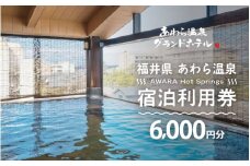 あわら温泉 宿泊利用券 6,000円分 ／ 宿泊券 旅館 チケット 観光 旅行 源泉 大浴場 露天風呂 福井県 あわら市 カニ 蟹 観光地 旅行券 国内旅行 旅行券 宿泊券 ゴルフ 国内 [aw013-b008]