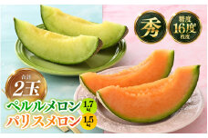 【先行予約】青肉ペルルメロン（1.7kg以上）赤肉パリスメロン（1.5kg以上 ）秀品 各1玉（計2玉）【ネット系＆アールス系メロン】《糖度16度程度！1株1果採りで育てる高級メロン！》／ 果物 フルーツ 農家直送 青肉 赤肉 セット ネット系マスクメロン アールスメロン ペルルメロン パリスメロンギフト 贈答用 ※2026年7月上旬より順次発送予定 [aw028-a002]
