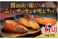 銀だら醤油漬け・明太サバ・ふくいサーモン切り身セット 計6切 《ビールやご飯のおかずにぴったりな人気3種セット！》／ 焼き魚 お子様OK お父さん おつまみ 朝食 弁当 明太子 魚介類 個包装 お取り寄せ 人気 数量限定 [aw002-a008]
