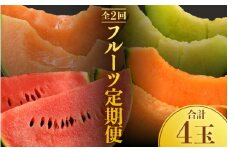 【先行予約】《定期便全2回》佐藤農園のフルーツ定期便 朝採り 計4玉（小玉スイカ・マルセイユメロン・レノンメロン・ペルルメロン）農家直送 秀品 お届け！※2026年6月上旬より順次発送 [aw069-b001]