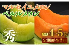 【先行予約】《定期便全2回》佐藤農園のメロン好きにはたまらん！赤肉青肉食べ比べ（マルセイユ・ペルルメロン）計4～5玉 農家直送 秀品 お届け！/ 特産 旬 夏 果物 完熟 メロン 朝どれ 美味しい お取り寄せ ※2026年6月上旬より順次発送 [aw069-b002]