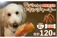 【訳あり】【定期便6回】【国産 鶏肉】20本×6回 ワンちゃんのチキンジャーキー  / ドックフード 手作り やみつき くいつき 犬用 小型犬 中型犬 大型犬 ペットフード 味付けなし [aw044-c001]