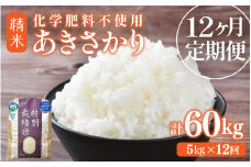 【先行予約】【令和7年産】定期便 ≪12ヶ月連続お届け≫ 化学肥料不使用 特別栽培米 あきさかり 精米 5kg × 12回（合計60kg） / 白米 米 福井県あわら市産 美味しい 特別栽培米 減農薬 安心な米 旨味 甘み もっちり 冷蔵保管米 ※2025年10月上旬より順次発送 [aw010-k001]