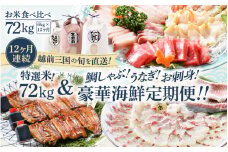 【12ヶ月定期便ダブル！】特選米12回！海鮮12回の計24回！！ 特選米72kg ＆ 鯛しゃぶ！ うなぎ！ お刺身 豪華海鮮定期便＜極＞ [T-1602]