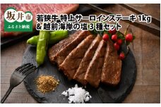 若狭牛 特上サーロインステーキ 250g × 4枚 & 越前海岸の百笑の塩・結晶塩・若狭牛専用スパイス セット [G-1821]