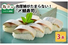 肉厚鯖がたまらない！ 「〆鯖寿司」 3本 1本あたり 約290g ～家族が喜ぶ手土産～【名物 ジューシー サバ しめ鯖 押し寿司 バッテラ すし こしひかり 贈答 ギフト お土産 大人気】 [A-0538]