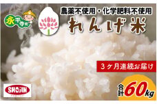 【3ヶ月連続お届け】農薬不使用・化学肥料不使用 永平寺町産 れんげ米 20kg×3ヶ月（計60kg） [K-002015]