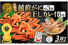「訳あり 指折れ 越前がに（中）3杯」+ 「干しカレイ 6尾」 食べ方しおり かにスプーン付き【雄 ズワイガニ ずわいがに 越前ガニ 姿 ボイル 冷蔵 福井県】【3月発送分】希望日指定可 備考欄に希望日をご記入ください [e15-x007_03]