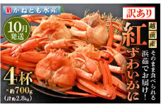 【訳あり】≪浜茹で≫越前産 紅ずわいがに 約700g × 4杯 食べ方しおり付【紅ズワイガニ カニ かに 蟹 姿 ボイル 冷蔵 福井県】【10月発送分】希望日指定不可 [e14-x002_10]