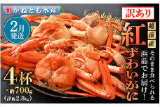 【訳あり】≪浜茹で≫越前産 紅ずわいがに 約700g × 4杯 食べ方しおり付【紅ズワイガニ カニ かに 蟹 姿 ボイル 冷蔵 福井県】【2月発送分】希望日指定不可 [e14-x002_02]