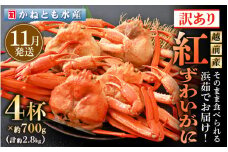 【訳あり】≪浜茹で≫越前産 紅ずわいがに 約700g × 4杯 食べ方しおり付【紅ズワイガニ カニ かに 蟹 姿 ボイル 冷蔵 福井県】【11月発送分】希望日指定不可 [e14-x002_11]