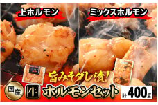 国産 牛ホルモン セット 計400g（上ホルモン・ミックスホルモン 各1袋） 旨みそダレ漬け！ 【 冷凍 お手軽 小分け BBQ バーベキュー 】 [e03-a027]