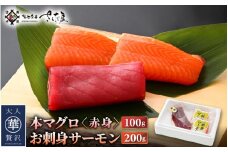 お刺身 セット サーモン 100g × 2P ＆ 本まぐろ 赤身 100g × 1P 【福井県 冷凍 小分け 刺身 アトランティックサーモン 鮭 サケ さけ マグロ 鮪】 [e04-a088]