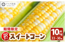 【訳あり】農場直送 鮮度抜群 スイートコーン( とうもろこし )  約10kg（22本～30本) 【お楽しみ バーベキュー 冷凍保存可能 焼肉 おやつ ご飯のおとも 野菜 国産 産地直送】 [e62-a010]