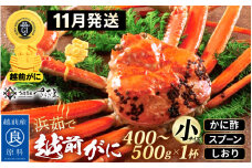 越前がに本場の越前町からお届け！浜茹で 越前がに 小サイズ（生で400～500g） × 1杯 かに酢 食べ方しおり スプーン付き【かに カニ 蟹 雄 ズワイガニ ずわいがに 姿 ボイル 福井県 冷蔵】【11月発送分】希望日指定可 備考欄に希望日をご記入ください [e04-x028_11]