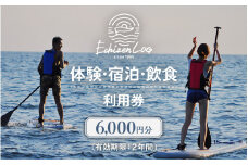 利用券 6,000円分 越前海岸国定公園 『海辺の小さな手作りリゾート ECHIZEN LOG（えちぜんログ）』絶景日本海！越前の海を楽しむ マリンアクティビティ 体験・宿泊・飲食 福井県 越前町【 2年間 有効期限 ダイビング マリン カヤック サップ RV 車 パーク ウミウシ 体験 宿泊 越前かに 券 海の幸 カニ料理 蟹 魚介 かに 蟹 海産物 満腹グルメ 】 [e33-b003]