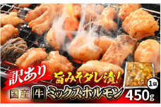 【訳あり】国産 牛 ミックスホルモン 450g × 1袋 シマチョウ・ぷるぷる小腸・ハチノス・センマイ・ミノ・タケノコ 旨みそダレ漬！【3月発送】【 お手軽 冷凍 BBQ バーベキュー 】 [e03-a026_03]  