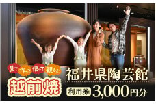利用券 3,000円分 福井県陶芸館『 見て作って！使って親しむ！「越前焼」』【体験 陶芸 越前焼き 陶器 制作 電動ろくろ 手ひねり 絵つけ 茶 抹茶 茶苑 茶碗 カップ 皿 ご飯茶碗 陶芸教室 資料館 バーベキュー BBQ】 [e69-a001]