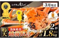 ≪浜茹で≫ 越前がに 特大 × 2杯（生で計1.8kg以上） 越前がに漁師厳選！かに酢 かにスプーン4本 食べ方QRコード付き【雄 ズワイガニ ずわいがに 姿 ボイル 冷蔵 福井県】【3月発送分】希望日指定可 備考欄に希望日をご記入ください [e38-x002_03]