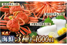 天然！海鮮 3種セット 計約1kg【中甘エビ セイコガニ3杯 アオリイカ開き】[m21-c014]