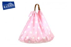 織物のワンマイルバッグ エコバッグ (本牛革製ハンドル付き) ピンク×水玉